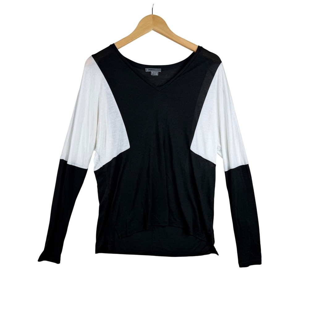 Vince Colorblock Ribbed V-neck Long Dolman Sleeve Top size Small Black/White